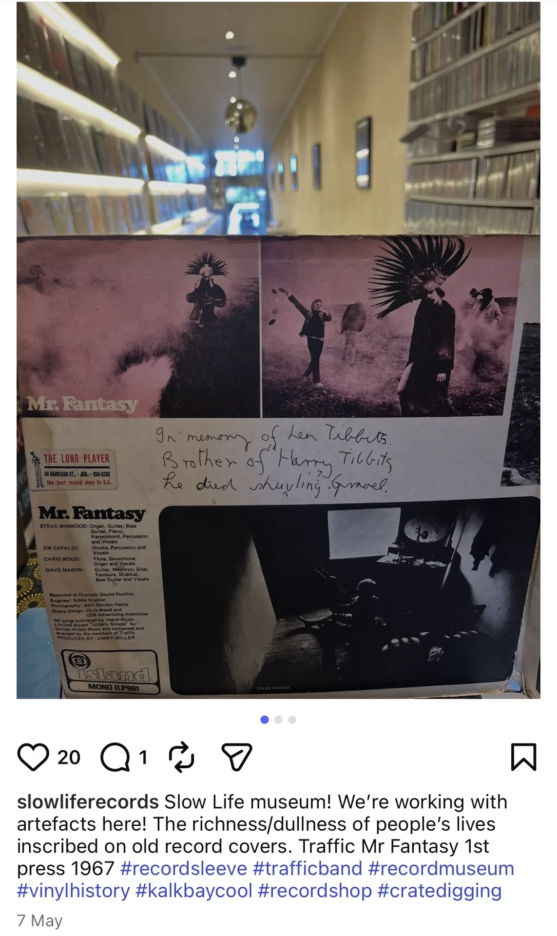 Back cover of a 1967 Traffic 'Mr. Fantasy' LP with a handwritten memorial inscription